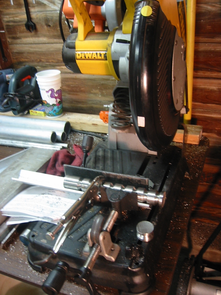 Cutting the wheels apart in a cut-off saw.