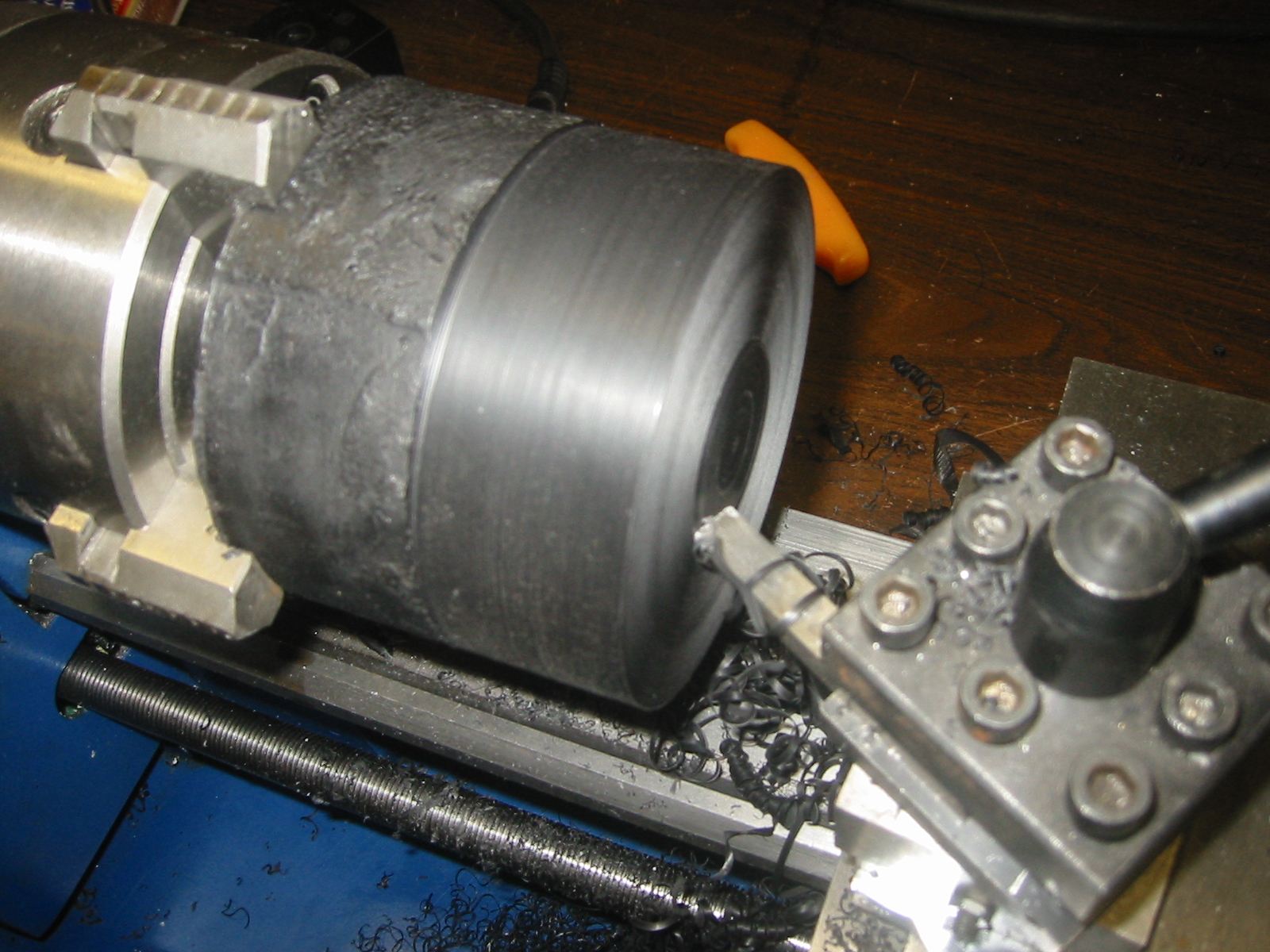 Machineable wax in the lathe.